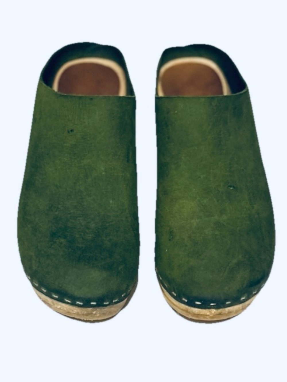 BRYR Green Suede Wooden Clogs Size 36 Handmade Leather Slip On Mules - Picture 3 of 11
